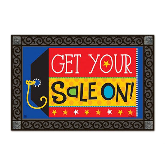 Decorative doormat with colorful text 'GET YOUR SALE ON!' on a white background from Wind Sensations