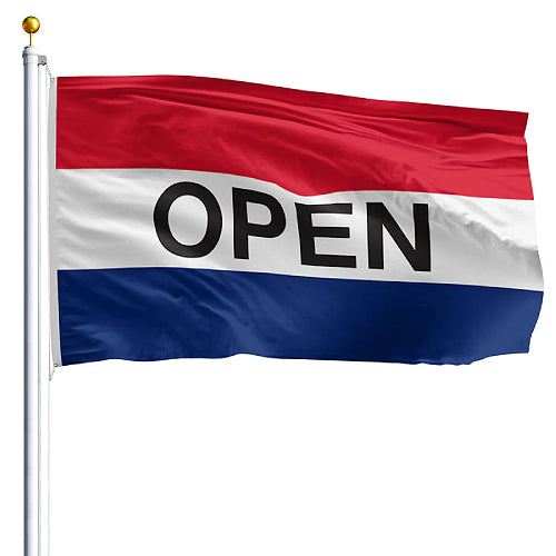 Flag with 'OPEN' text on a red, white, and blue background