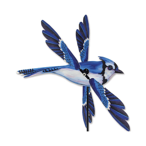 A blue bird garden stake wind spinner featuring a painted blue jay design with spread wings, mounted on a black metal stake against a plain white background.