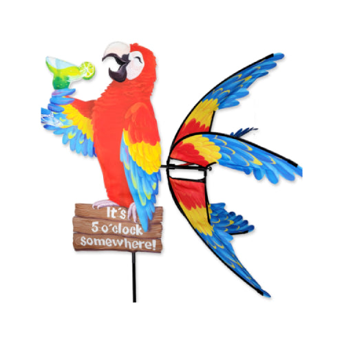 Colorful parrot spinner with a sign saying 'It's 5 o'clock somewhere!'