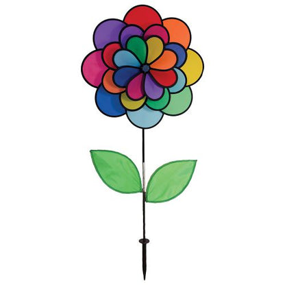 2797_24-Petal-Flower-Spinner-with-Leaves. Pre-assembled 19", 14" and 10" diameter petal wheels. 35" 2-section fiberglass pole with leaves attached and 7" ground stake