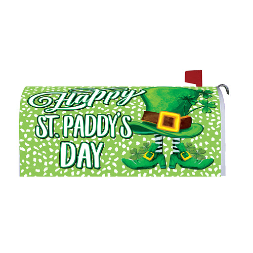 St. Patrick's Day mailbox cover with leprechaun hat and shoes on a green background with white spots