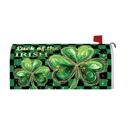 Mailbox cover with shamrock design and 'Luck of the Irish' text on a green and black checkered background.