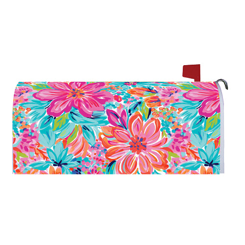 Colorful floral mailbox cover with pink and blue flowers on a blue background