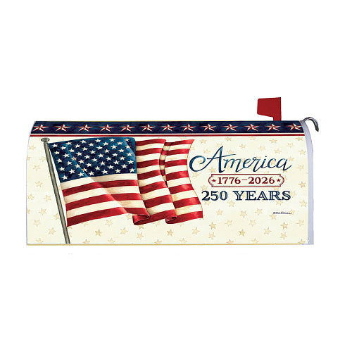 Mailbox cover with American flag design and 'America 1776-2026 250 Years' text on a white background
