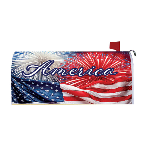 Mailbox cover with American flag and fireworks design and 'America' text