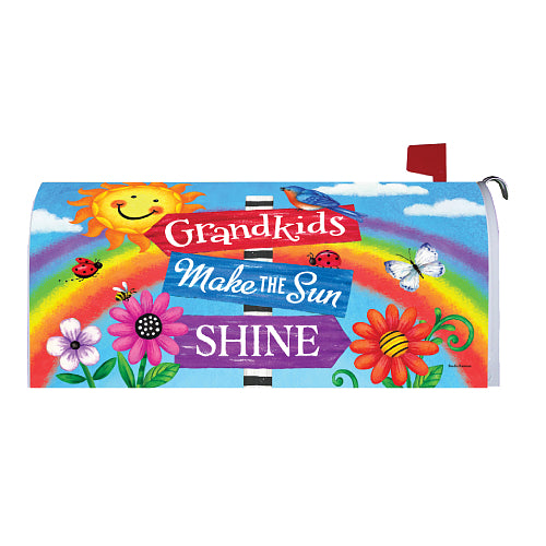Colorful mailbox cover with rainbow, sun, flowers, and text "Grandkids Make the Sun Shine" on a sky background