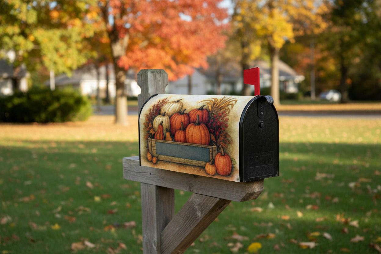 Rustic Pumpkins oversized Fall mailbox cover with harvest crate of pumpkins and gourds
