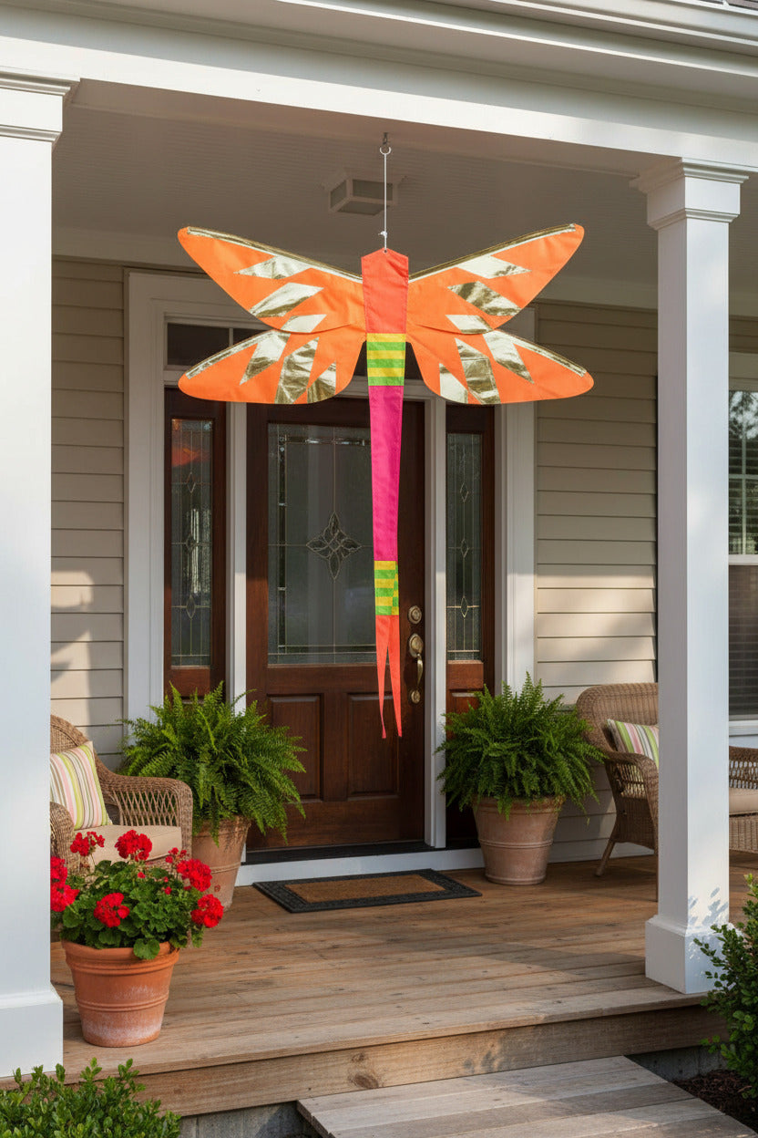 DAMSELFLY Hanging Banner - Yellow dragonfly-shaped SoundWinds windsock for garden decor