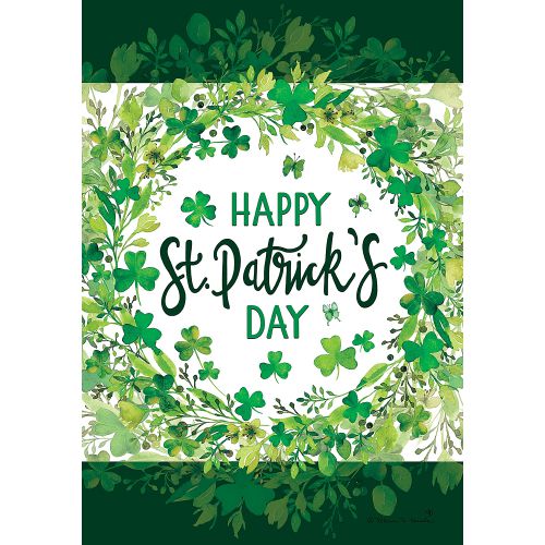 St. Patrick's Day flag with a wreath containing green shamrocks and text on a white background
