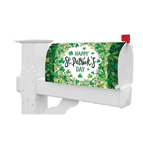 Mailbox cover with a St. Patrick's Day design featuring a wreath of shamrocks.