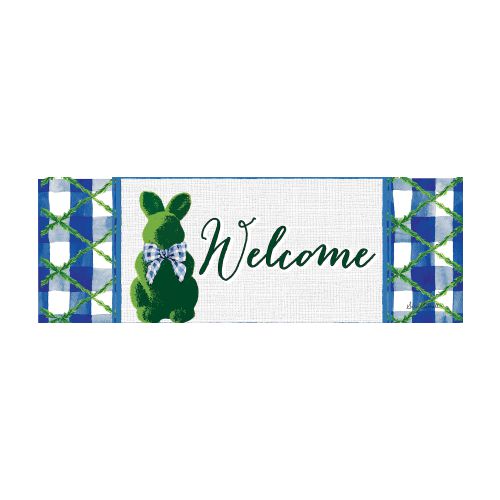 Yard sign depicting an Easter Bunny topiary wearing a bow tie and the word 'Welcome' on a blue and white checkered background.