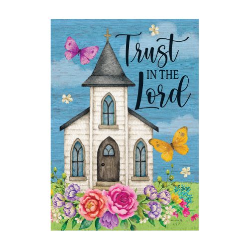 Small church illustration with flowers, butterflies, and 'Trust in the Lord' text on a blue sky background.