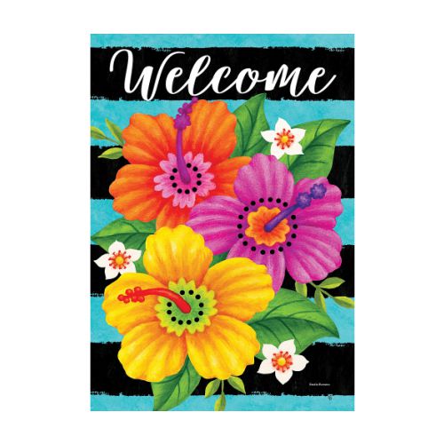 Decorative flag with colorful flowers and the word 'Welcome' on a black striped background