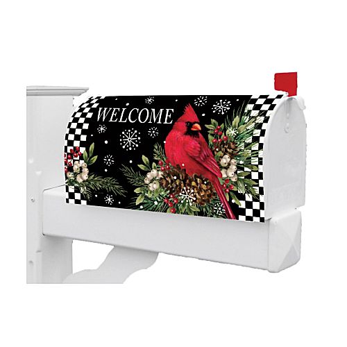 Custom Decor Cardinal Pine Cones magnetic winter welcome mailbox cover featuring a vibrant red cardinal perched among rustic pine cones, wrapped around a standard residential mailbox for classic winter curb appeal.