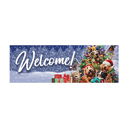 Christmas-themed yard sign with playful dogs and a cats in front of a snowy scene with a Christmas tree, and a bold 'Welcome!' displayed.