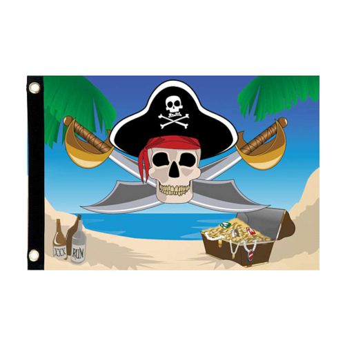 Pirate-themed flag with skull, crossed swords, and treasure chest on a beach background