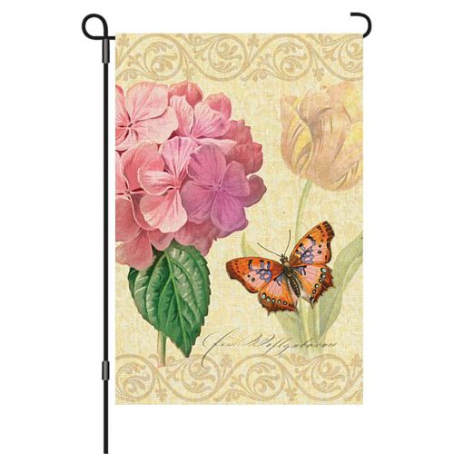 56061_Botanical-Fresh-Pink-standard-size-hydrangea-and-butterfly-flag-12-x-18