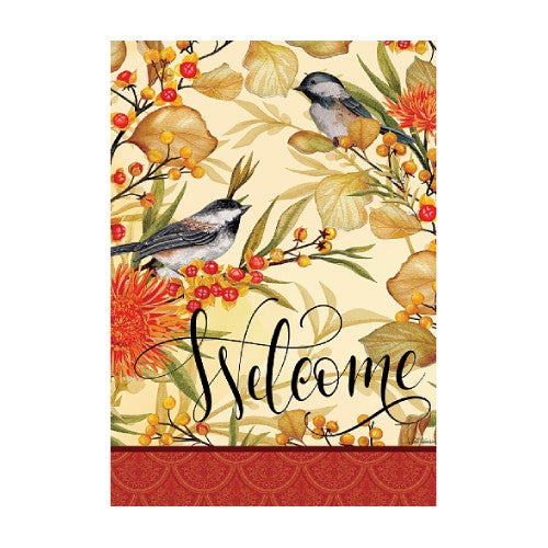 Decorative item with birds,leaves, berries and the word 'Welcome' on a beige background.