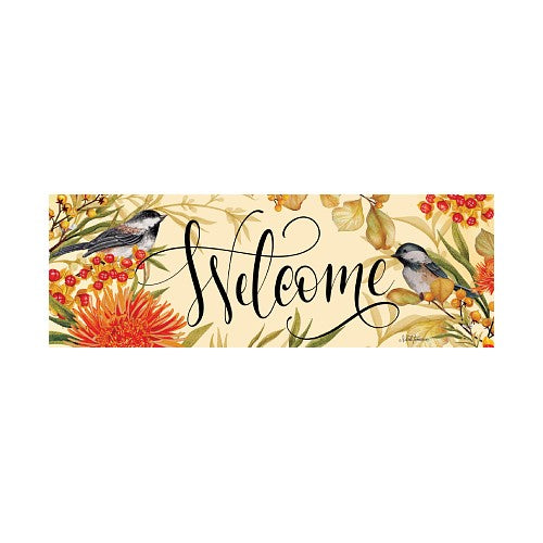 Decorative welcome sign with birds and foliage on a white background