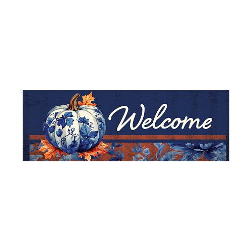 Decorative, fall welcome sign with a blue and white pumpkin and leaf design on a dark blue background.