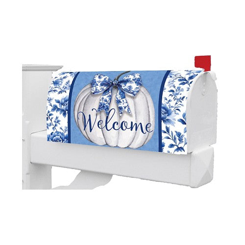 Mailbox cover with blue and white floral design and 'Welcome' text on a white background