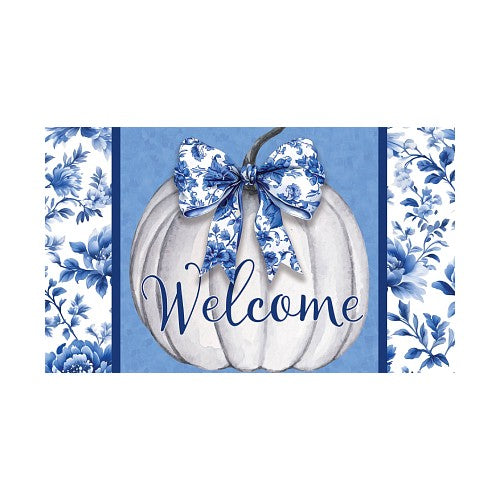 White pumpkin with blue floral bow and 'Welcome' text on a blue background with floral patterns.