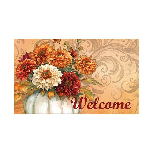 Decorative mat with autumn flowers and 'Welcome' text on a patterned background