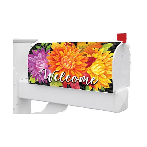 Fall mailbox cover with a colorful floral design and 'Welcome' text on a dark background