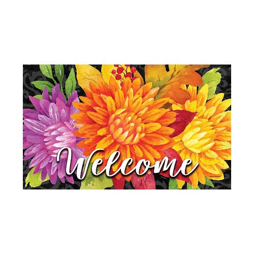 Colorful floral design with the word 'Welcome' on a black background