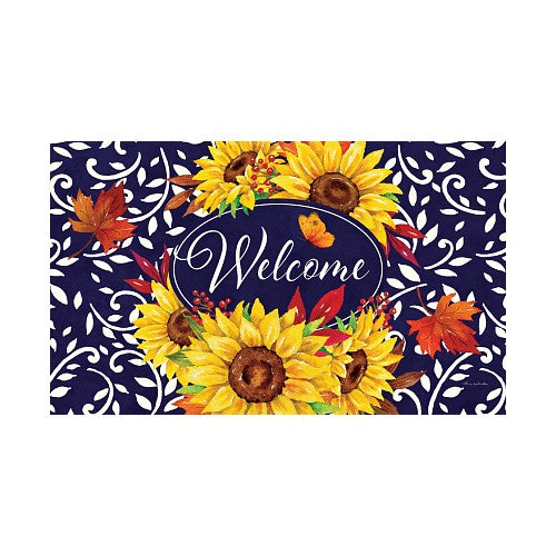 Decorative mat with sunflowers, leaves, and 'Welcome' text on a blue background