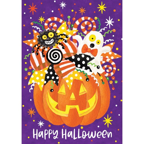 Halloween-themed decorative flag with a jack 0'lantern, candy corn, and ghost on a purple background.