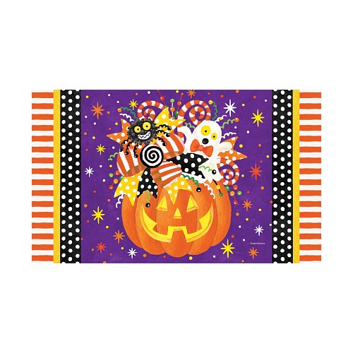 Halloween-themed decorative doormat with a jack O'lantern, ghosts, and candy on a purple background.