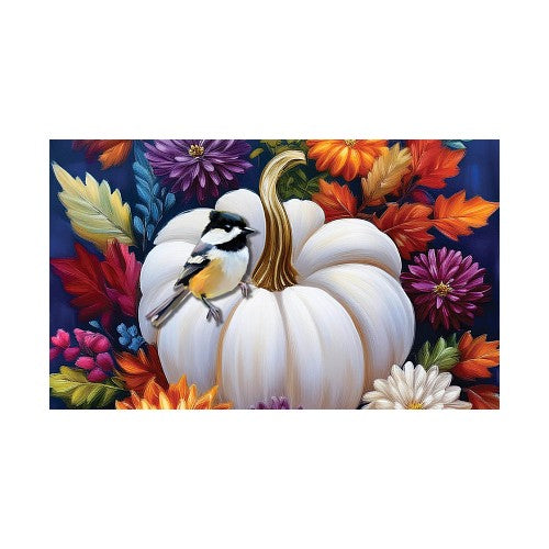 White pumpkin with a bird perched on it, surrounded by colorful flowers and leaves on a white background