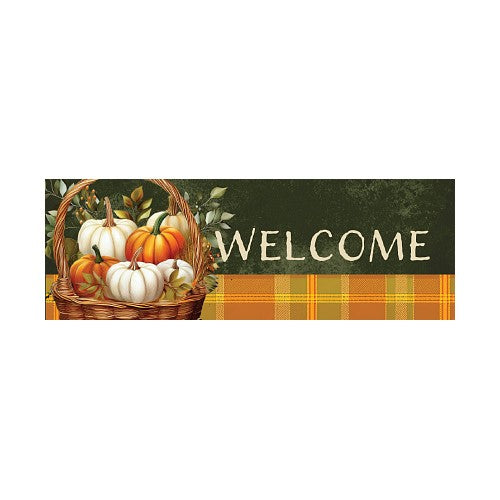 Decorative fall welcome sign with pumpkins and a plaid pattern on a white background