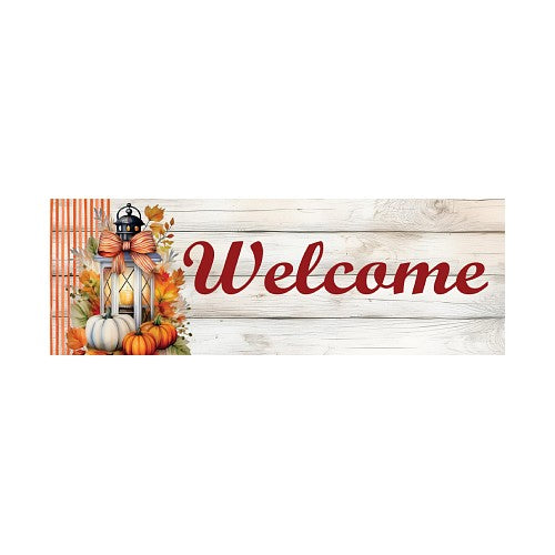Decorative fall welcome sign with autumn elements on a wooden background
