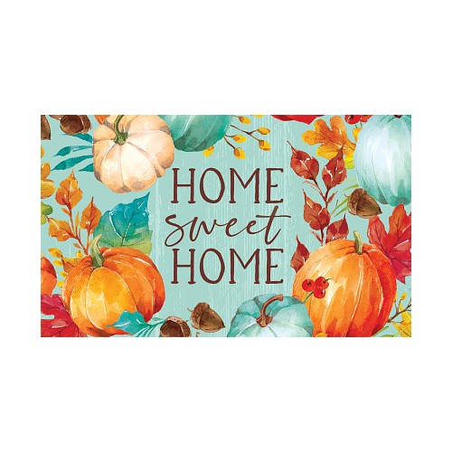 Decorative mat with pumpkins and leaves featuring 'Home sweet Home' text on a pale blue background.