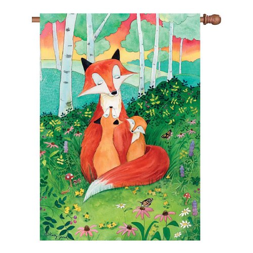 House flag displayed on a wooden rod, featuring a watercolor illustration of a mother red fox cuddling her kit in a flower-filled meadow with birch trees and a colorful sunset sky in the background.