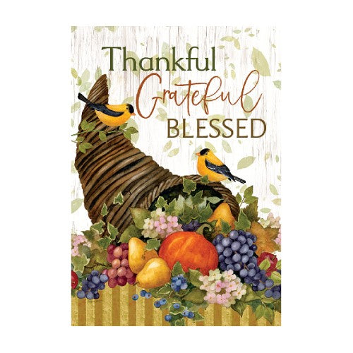 Decorative sign with cornucopia, fruits, and birds with 'Thankful', 'Grateful', 'Blessed' text on a white background.