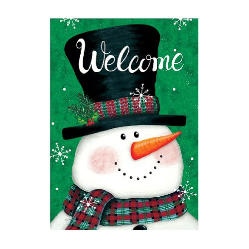 Christmas-themed door mat with a snowman design and 'Welcome' text on a green background.