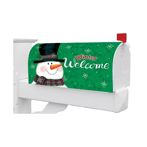 Decorative mailbox cover with a snowman-themed cover displaying 'Winter Welcome' on a green background.