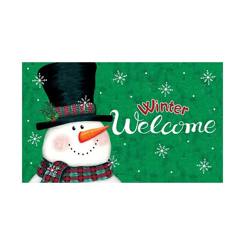 Snowman with a black top hat and carrot nose on a green background with 'Winter Welcome' text.