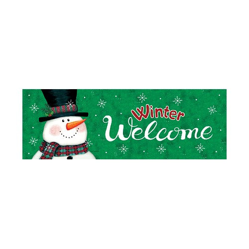 Snowman with a 'Winter Welcome' sign on a green background