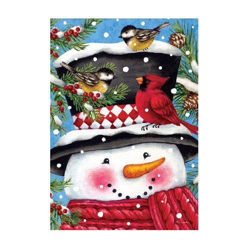 Decorative winter-themed flag with a snowman, featuring birds, perched on his top hat on a blue background.