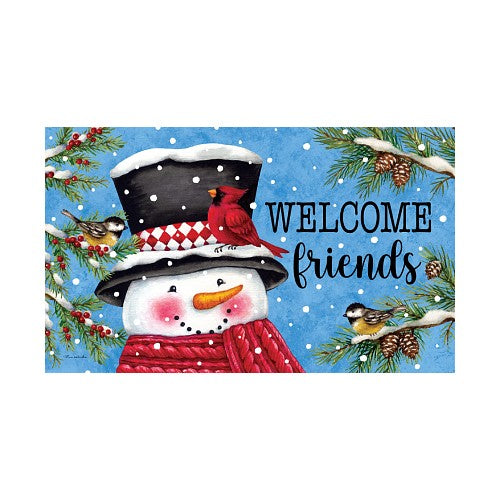 Winter-themed door mat with a snowman, cardinal, and chickadee on a blue background with pine branches and berries.
