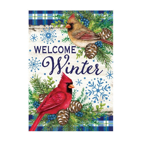Decorative flag with cardinals, pine cones, and snowflakes on a white background. Welcome Winter text is reads correcty from both sides.