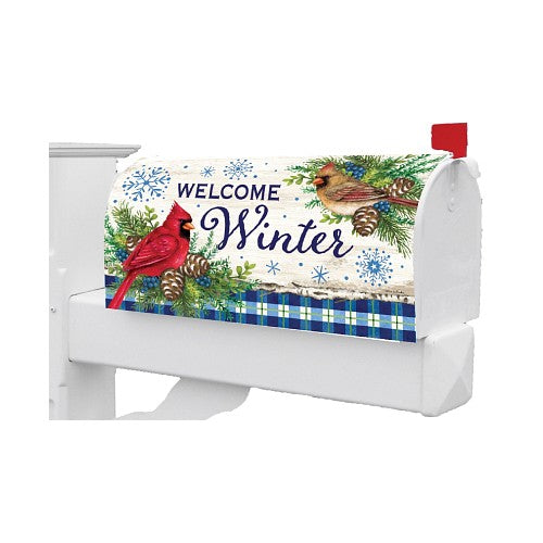 Winter Cardinals mailbox cover featuring cardinals and 'Welcome Winter' text on a white background with snowflakes and pine cones.