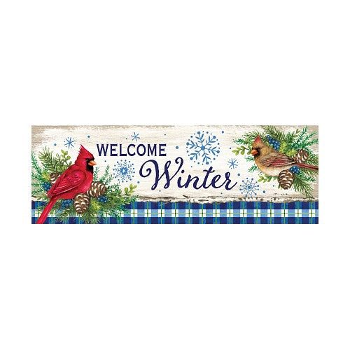 Decorative yard sign with cardinals and snowflakes that says 'Welcome Winter' on a white background.