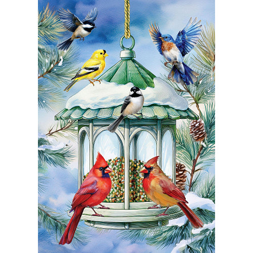 Illustration of birds around a snowy birdhouse with pinecones and evergreen branches.