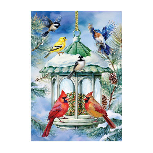 Decorative flag featuring an image of birds around a bird feeder with a snowy background
